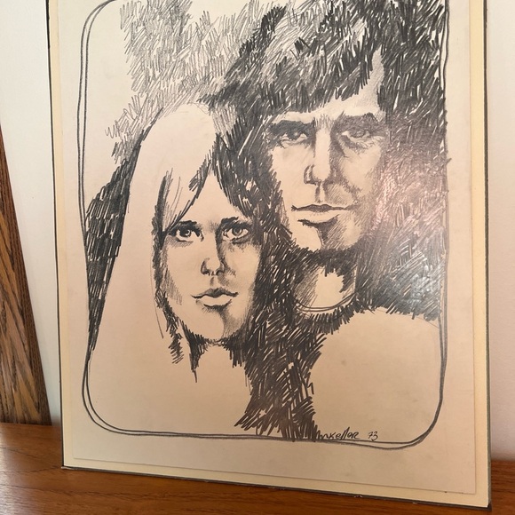 Original portrait, pencil M Keller 1973 drawing on board Mcm retro vintage - Picture 4 of 17